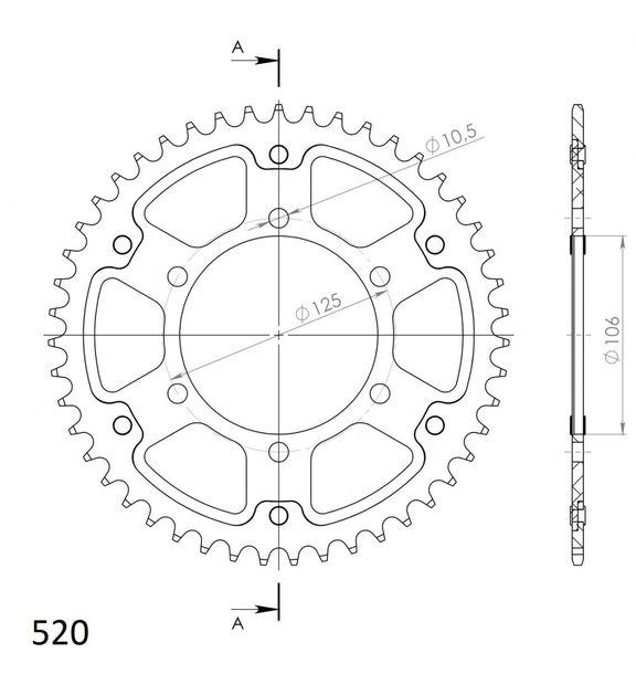 Kettenrad Supersprox Stealth 520 LK 125,0mm Ø 106mm 44Z 6-Loch Aluminium / Stahl gold