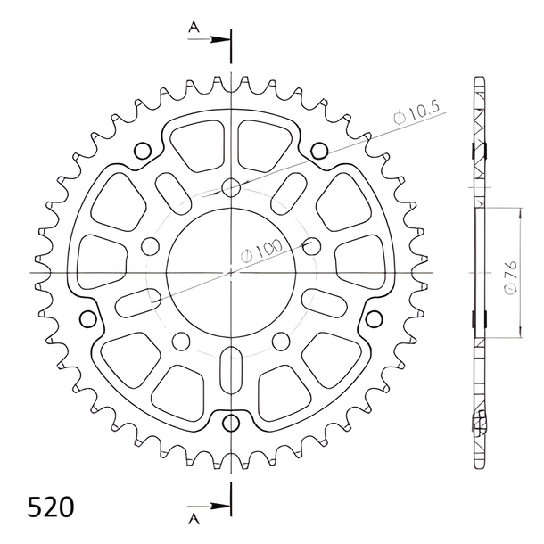 Kettenrad Supersprox Stealth 520 LK 100,0mm Ø 76mm 44Z 5-Loch Aluminium / Stahl rot