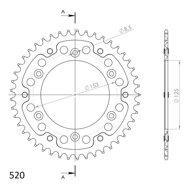 Kettenrad Supersprox Stealth 520 LK 153,0mm Ø 125mm 44Z 6-Loch Aluminium / Stahl schwarz