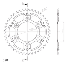 Pignon Supersprox Stealth 520 LK 124,0 mm Ø 100 mm 44T 6 trous en aluminium/acier argenté