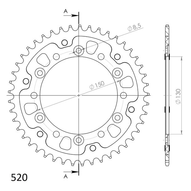 Kettenrad Supersprox Stealth 520 LK 150,0mm Ø 130mm 45Z 6-Loch Aluminium / Stahl gold