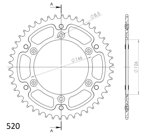 Kettenrad Supersprox Stealth 520 LK 146,0mm Ø 126mm 45Z 6-Loch Aluminium / Stahl gold