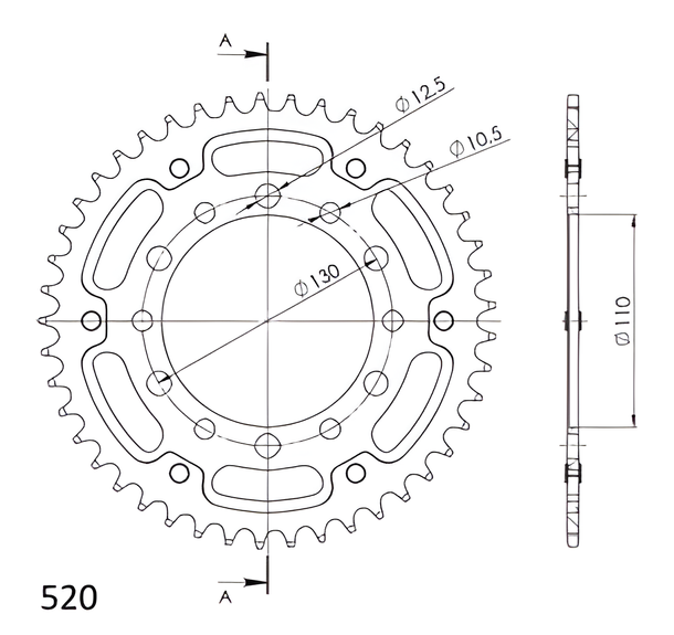 Kettenrad Supersprox Stealth 520 LK 130,0mm Ø 110mm 45Z 6-Loch Aluminium / Stahl gold