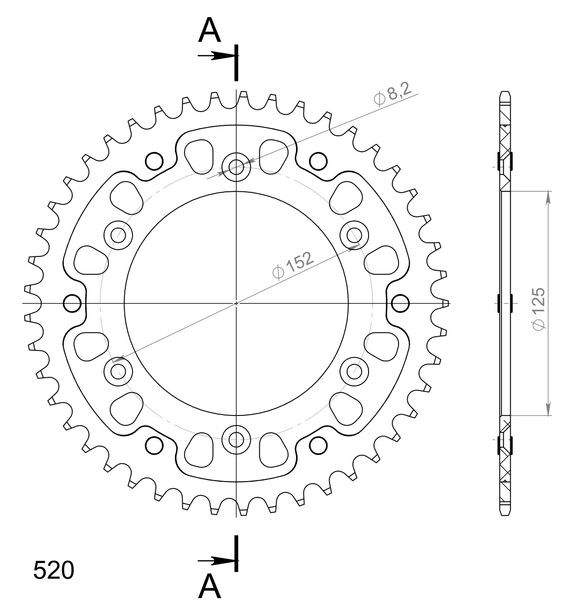 Supersprox Stealth 520 LK 152,0mm Ø 125mm 45Z 6 fori in alluminio/acciaio rosso