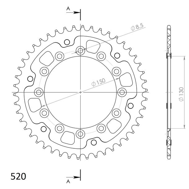 Pignon Supersprox Stealth 520 LK 150.0mm Ø 130mm 46Z 6 trous en aluminium/acier doré