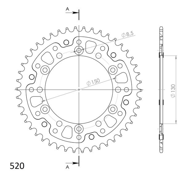 Piñón dorado de aluminio/acero Supersprox Stealth 520 LK 150,0 mm Ø 130 mm 46Z con 6 orificios