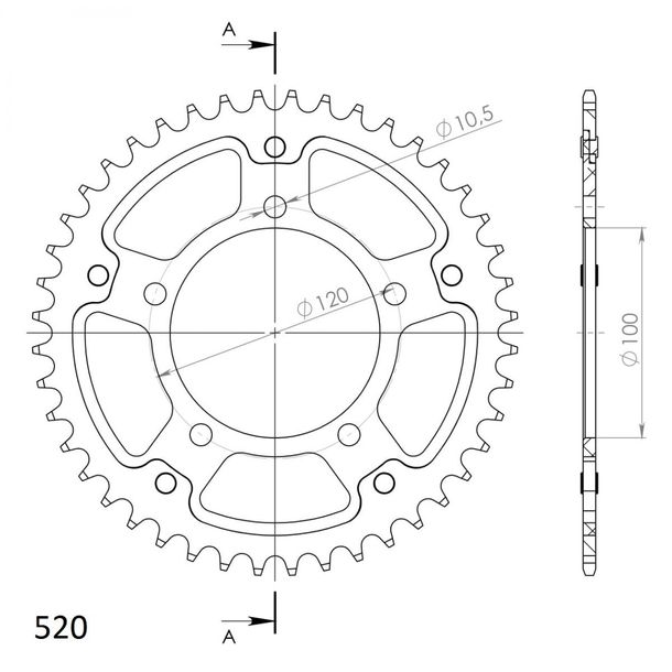 Pignon Supersprox Stealth 520 LK 120,0 mm Ø 100 mm 46T à 5 trous en aluminium/acier doré