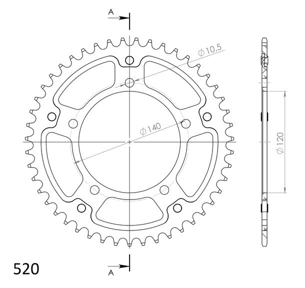 Piñón Supersprox Stealth 520 LK 140,0 mm Ø 120 mm 47Z Piñón dorado de aluminio/acero con 5 orificios
