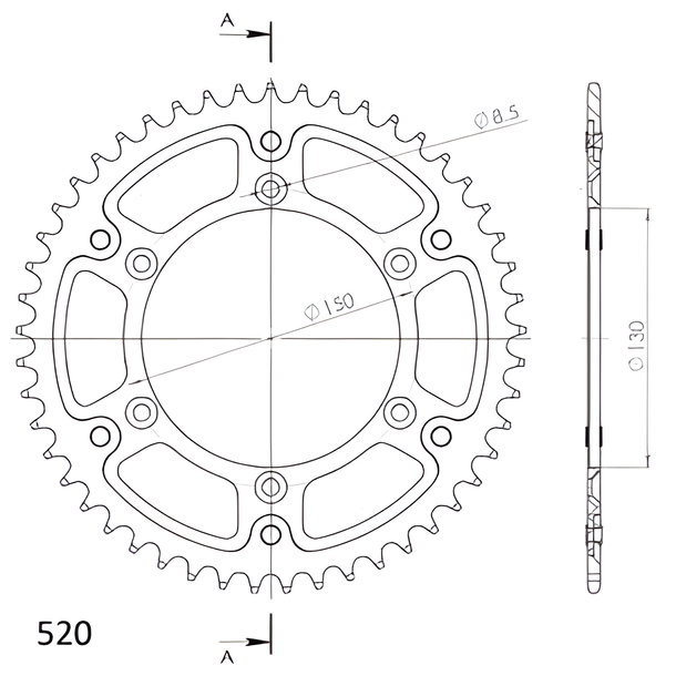 Pignon Supersprox Stealth 520 LK 150,0 mm Ø 130 mm 49Z 6 trous en aluminium/acier orange