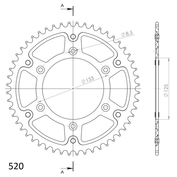 Kettenrad Supersprox Stealth 520 LK 153,0mm Ø 125mm 49Z 6-Loch Aluminium / Stahl rot