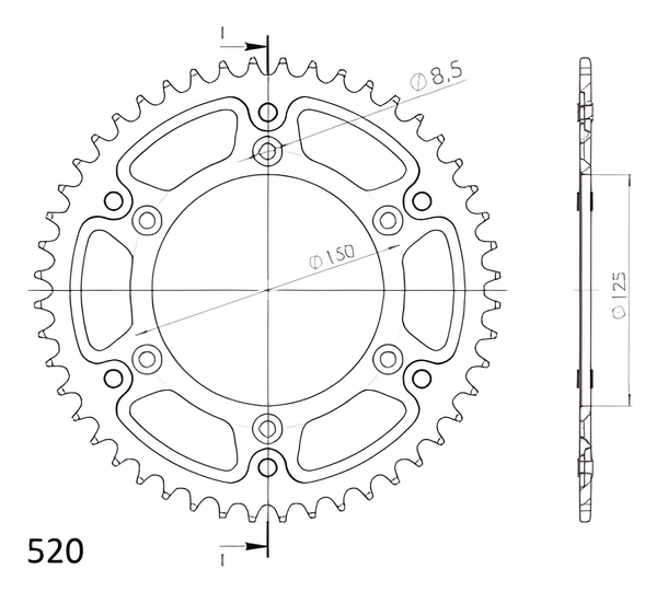 Kettenrad Supersprox Stealth 520 LK 150,0mm Ø 125mm 49Z 6-Loch Aluminium / Stahl silber