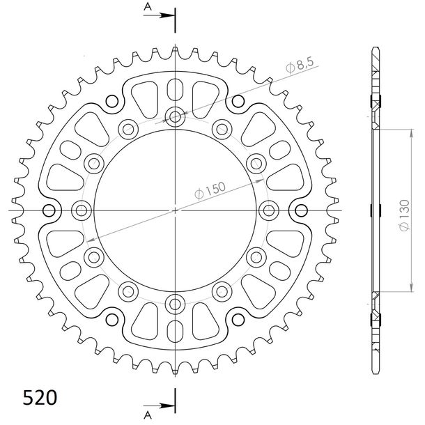 Pignon Supersprox Stealth 520 LK 150.0mm Ø 130mm 50Z 6 trous en aluminium/acier doré