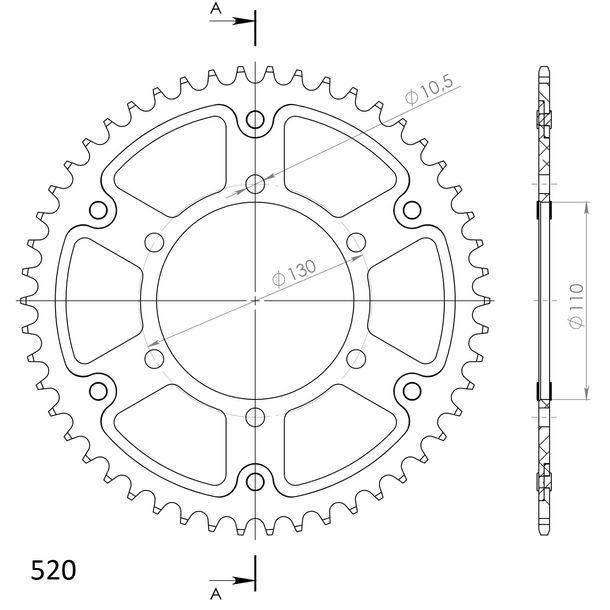 Kettenrad Supersprox Stealth 520 LK 130,0mm Ø 110mm 50Z 6-Loch Aluminium / Stahl gold