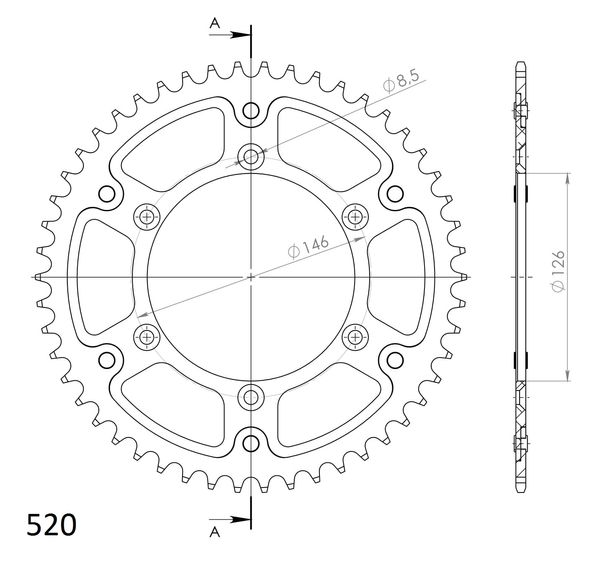 Kettenrad Supersprox Stealth 520 LK 146,0mm Ø 126mm 50Z 6-Loch Aluminium / Stahl schwarz