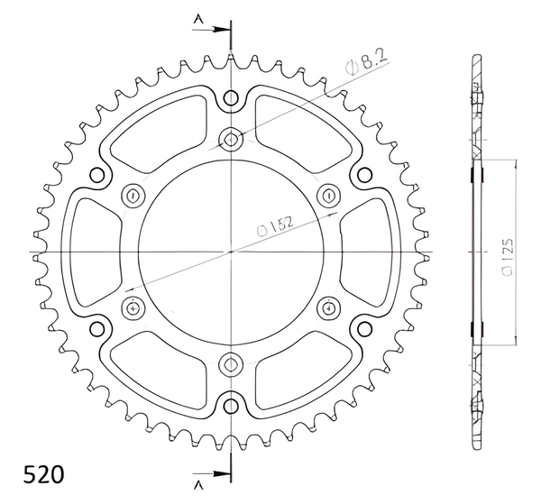 Kettenrad Supersprox Stealth 520 LK 152,0mm Ø 125mm 51Z 6-Loch Aluminium / Stahl silber