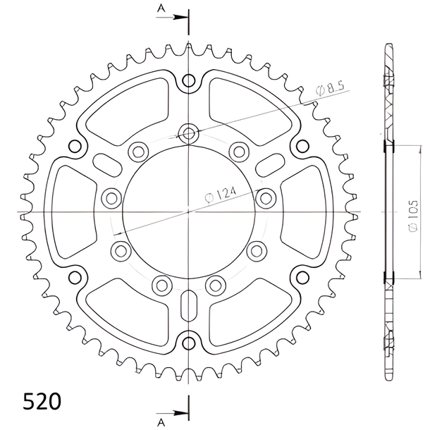 Kettenrad Supersprox Stealth 520 LK 124,0mm Ø 105mm 51Z 9-Loch Aluminium / Stahl silber