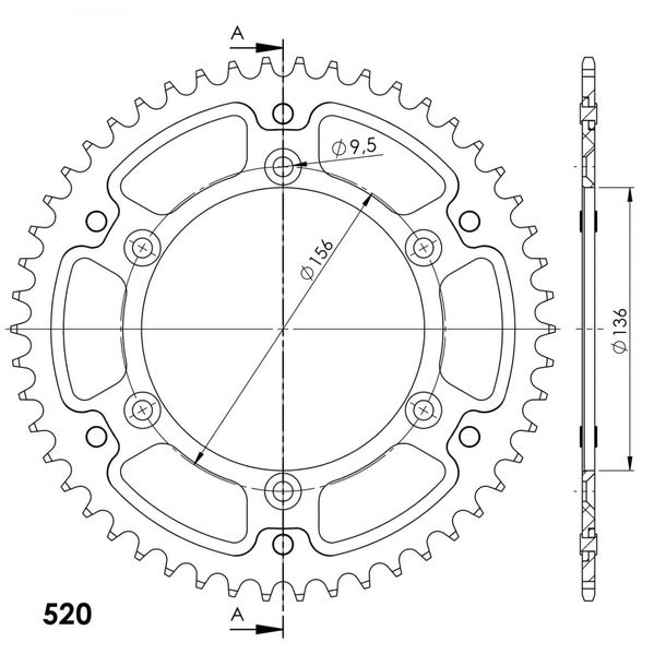 Kettenrad Supersprox Stealth 520 LK 156,0mm Ø 136mm 52Z 6-Loch Aluminium / Stahl rot