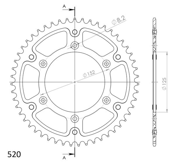 Kettenrad Supersprox Stealth 520 LK 152,0mm Ø 125mm 52Z 6-Loch Aluminium / Stahl schwarz