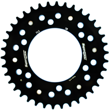Piñón negro de aluminio/acero Supersprox Stealth 525 LK 124,0 mm Ø 100 mm 38T con 6 orificios