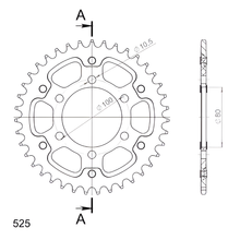 Piñón plateado de aluminio/acero Supersprox Stealth 525 LK 100,0 mm Ø 80 mm 38T con 6 orificios