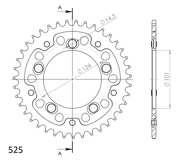 Kettenrad Supersprox Stealth 525 LK 124,0mm Ø 101mm 39Z 5-Loch Aluminium / Stahl gold