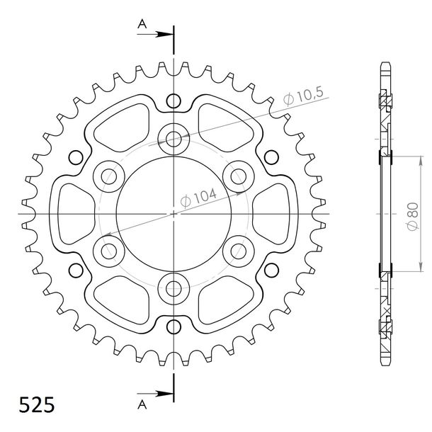Kettenrad Supersprox Stealth 525 LK 104,0mm Ø 80mm 40Z 6-Loch Aluminium / Stahl silber