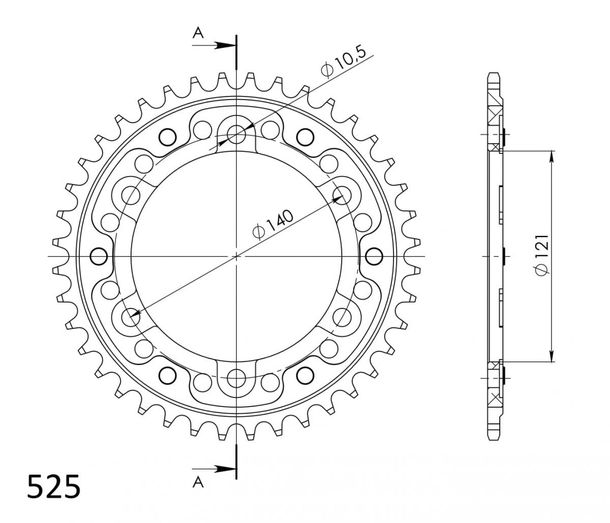 Kettenrad Supersprox Stealth 525 LK 140,0mm Ø 121mm 42Z 6-Loch Aluminium / Stahl gold