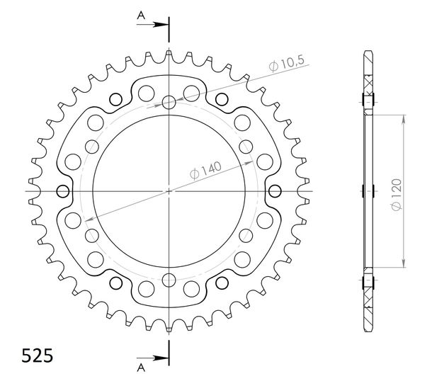 Kettenrad Supersprox Stealth 525 LK 140,0mm Ø 120mm 42Z 6-Loch Aluminium / Stahl silber