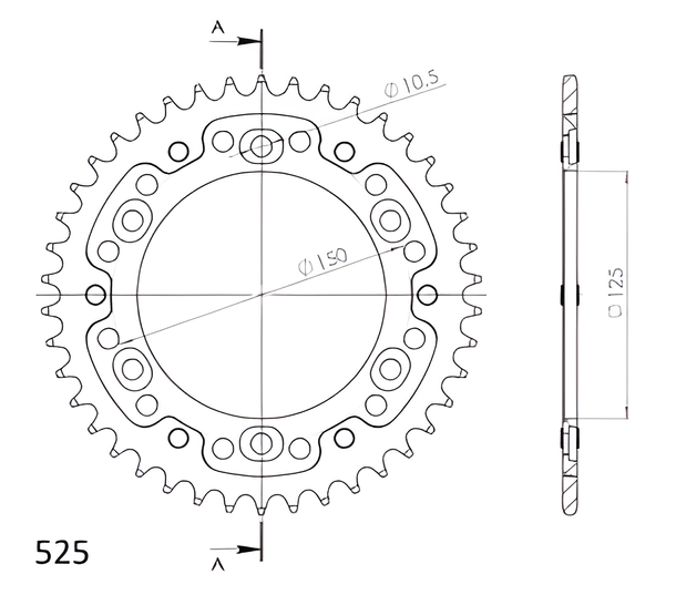 Kettenrad Supersprox Stealth 525 LK 150,0mm Ø 125mm 42Z 6-Loch Aluminium / Stahl silber