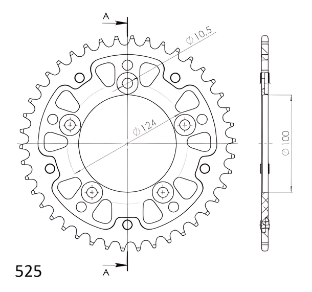 Kettenrad Supersprox Stealth 525 LK 124,0mm Ø 100mm 42Z 5-Loch Aluminium / Stahl silber