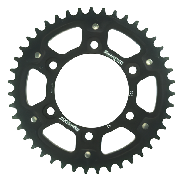 Piñón negro de aluminio/acero Supersprox Stealth 525 LK 124,0 mm Ø 100 mm 43T con 6 orificios
