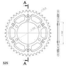 Piñón negro de aluminio/acero Supersprox Stealth 525 LK 125,0 mm Ø 106 mm 43T con 6 orificios