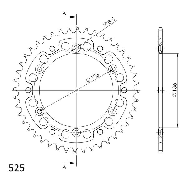 Kettenrad Supersprox Stealth 525 LK 156,0mm Ø 136mm 44Z 6-Loch Aluminium / Stahl gold