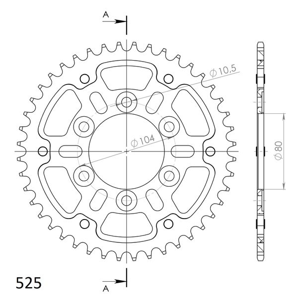 Kettenrad Supersprox Stealth 525 LK 104,0mm Ø 80mm 44Z 6-Loch Aluminium / Stahl gold