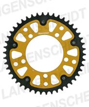 Roda dentada de corrente Supersprox Stealth 525, furação 130,8mm, diâmetro 110mm, 46 dentes, 5 furos, alumínio / aço, dourado.