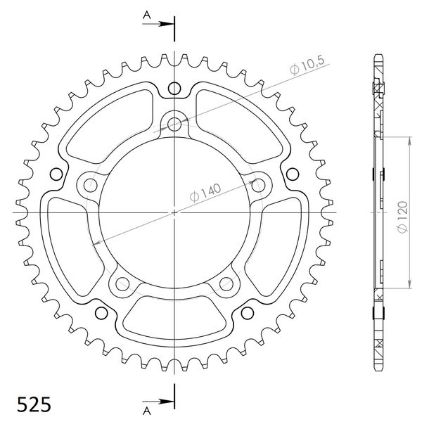 Pignon rouge Supersprox Stealth 525 LK 140.0mm Ø 120mm 47T 5 trous en aluminium/acier