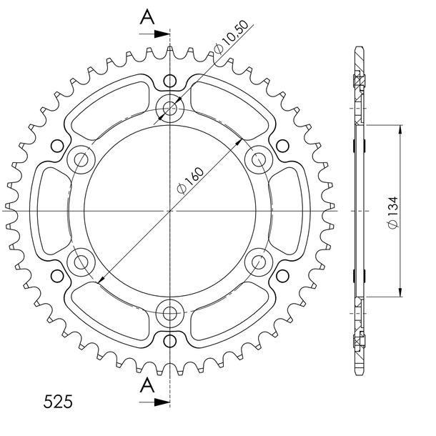 Kettenrad Supersprox Stealth 525 LK 160,0mm Ø 134mm 49Z 6-Loch Aluminium / Stahl gold