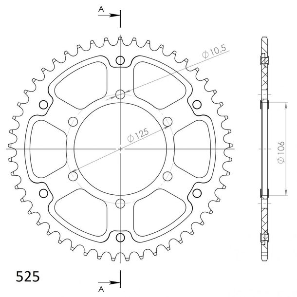 Kettenrad Supersprox Stealth 525 LK 125,0mm Ø 106mm 51Z 6-Loch Aluminium / Stahl gold