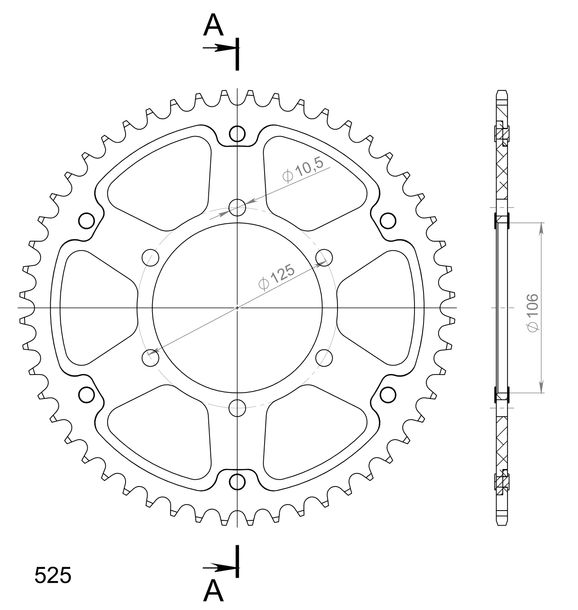 Chaîne rouge Supersprox Stealth 525 LK 125,0 mm Ø 106 mm 53Z à 6 trous en aluminium/acier