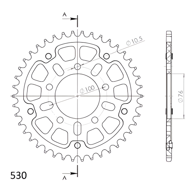 Supersprox Stealth 530 LK 100,0 mm Ø 76mm 42T Pignone a 5 fori in alluminio/acciaio argentato