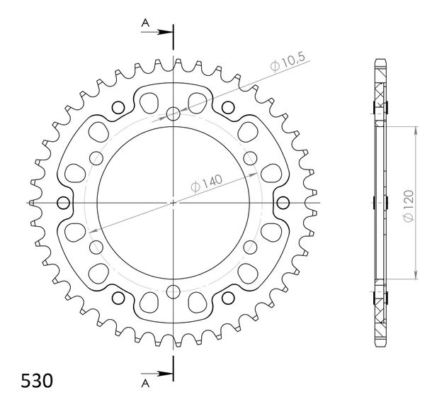 Kettenrad Supersprox Stealth 530 LK 140,0mm Ø 120mm 43Z 6-Loch Aluminium / Stahl gold