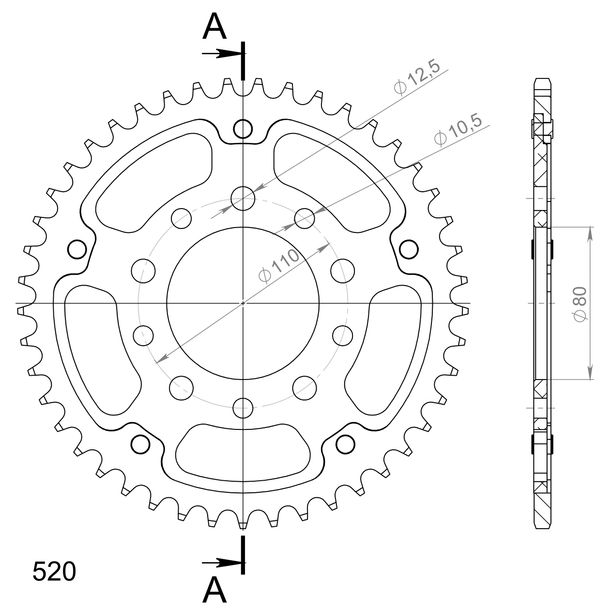 Kettenrad Supersprox Stealth 530 LK 110,0mm Ø 80mm 45Z 5-Loch Aluminium / Stahl silber