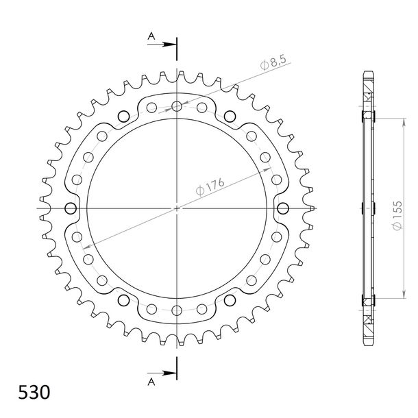 Kettenrad Supersprox Stealth 530 LK 176,0mm Ø 155mm 45Z 6-Loch Aluminium / Stahl silber
