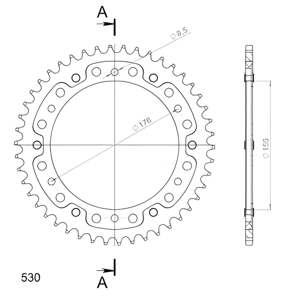 Pignon Supersprox Stealth 530 LK 176,0 mm diamètre 155 mm 46Z 6 trous en aluminium/acier noir