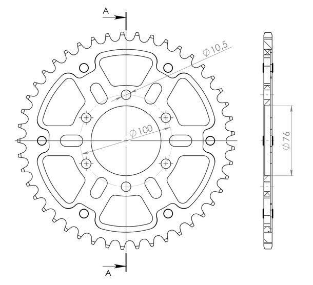 Supersprox Stealth 530 LK 100.0mm Ø 76mm 47Z 6-hole aluminium/steel gold sprocket
