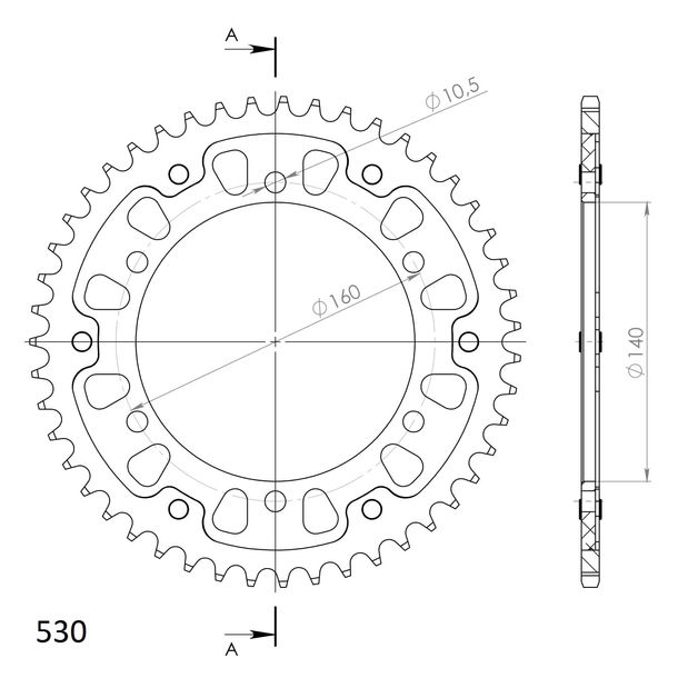 Rueda de cadena dorada de aluminio/acero Supersprox Stealth 530 LK 160,0 mm Ø 140 mm 47Z con 6 orificios