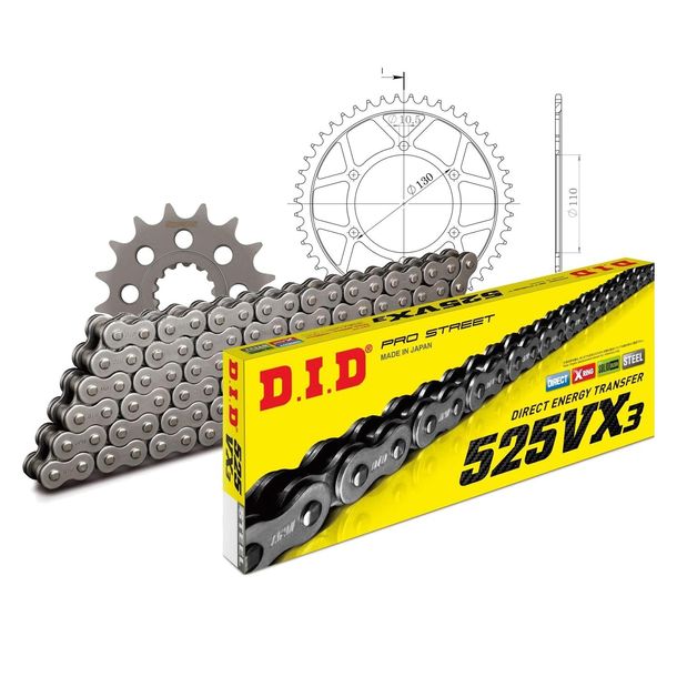 Kettensatz DID Stahl 525VX3 / 110 Endlos für Yamaha MT-09 XSR A 847 - 900 ccm Bj. 2013 - 2020
