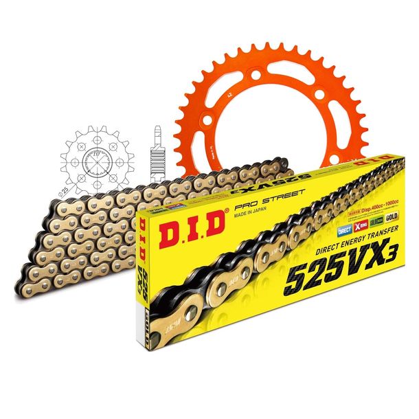 Kettensatz DID Alu 525VX3 / 118 Endlos orange für KTM LC8 Adventure R S 950 / 990 ccm Bj. 2002 - 2013