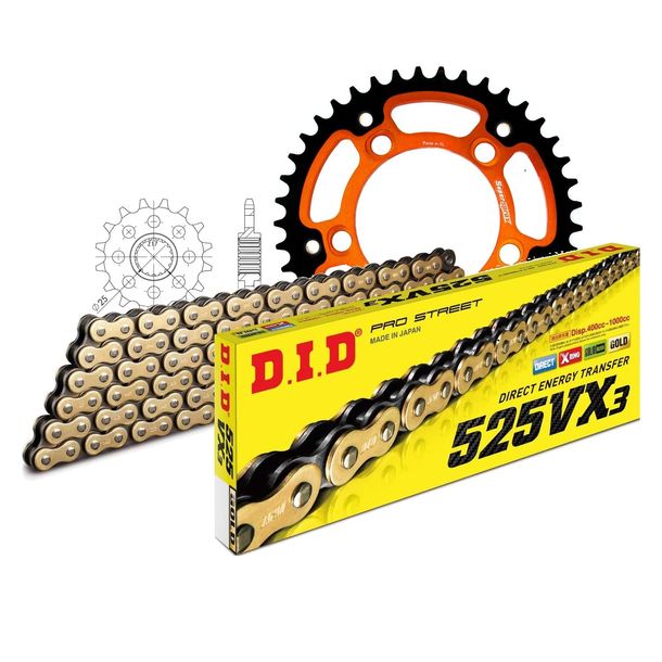 Chain set DID Stealth 525VX3 / 118 rivet lock orange