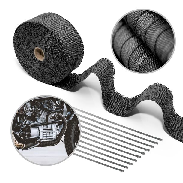 Hitzeschutzband / Gewebeband ROAD-STAR für Auspuffanlagen / Krümmer universal Basalt 15m x 50mm schwarz + 10 Edelstahlkabelbinder